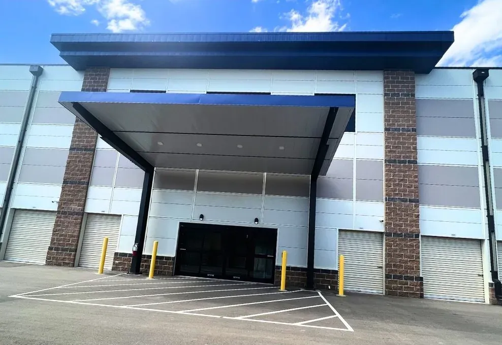 Covered loading area at a storage facility with vehicle access