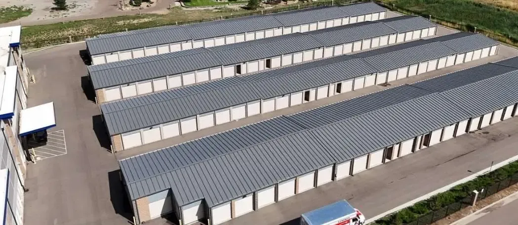 Exterior view of storage units highlighting building structure.